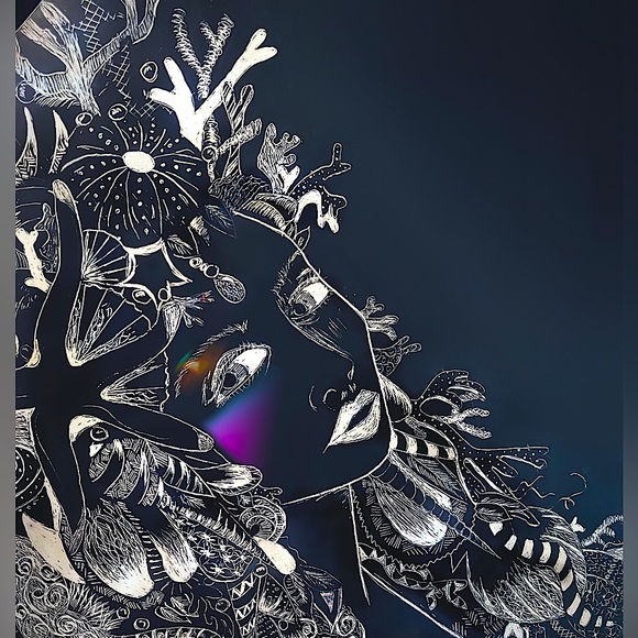 Handmade Black & White Sea Shell Mermaid Ocean Fantasy Scratchboard Artwork - Picture 5 of 10